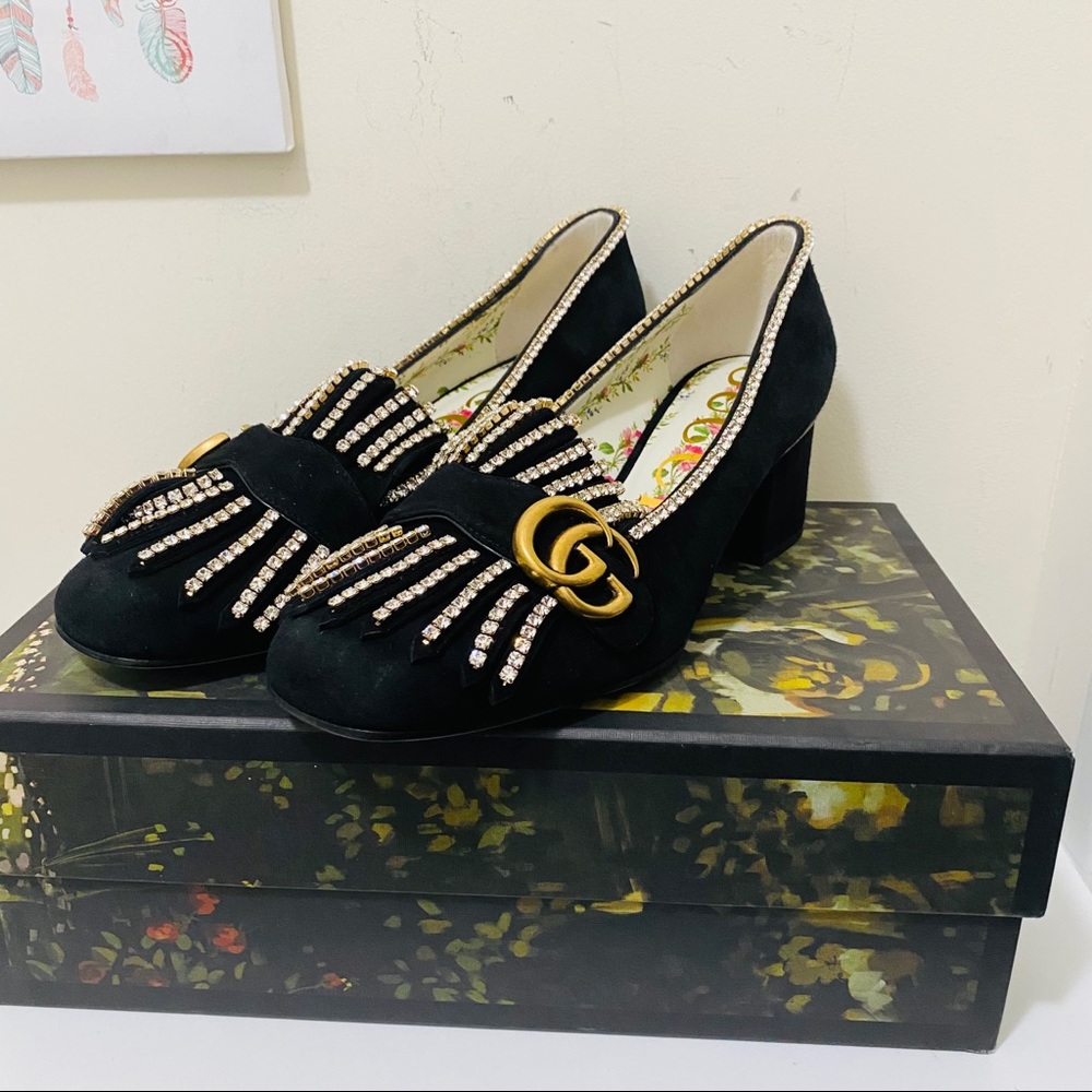 GUCCI Crystal GG Marmont Fringe Loafer Pumps